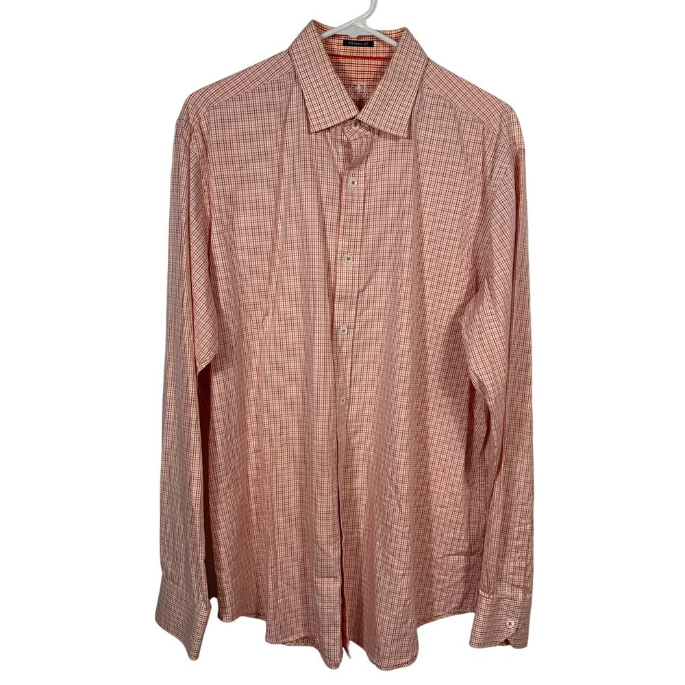 Bugatchi Uomo Classic Fit Button Front Shirt Orange Check Cotton Mens Large
